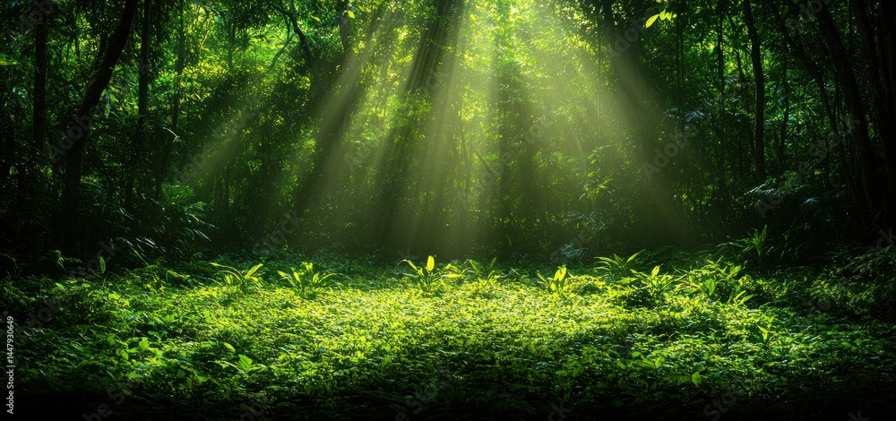 Obraz premium Sunbeams Illuminating Lush Green Forest
