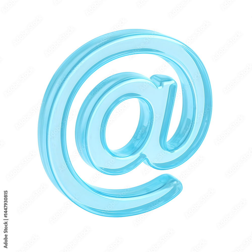 3D-rendered digital image showcases a three-dimensional translucent blue @ symbol 3D-rendered digital image showcases a three-dimensional translucent blue @ symbol