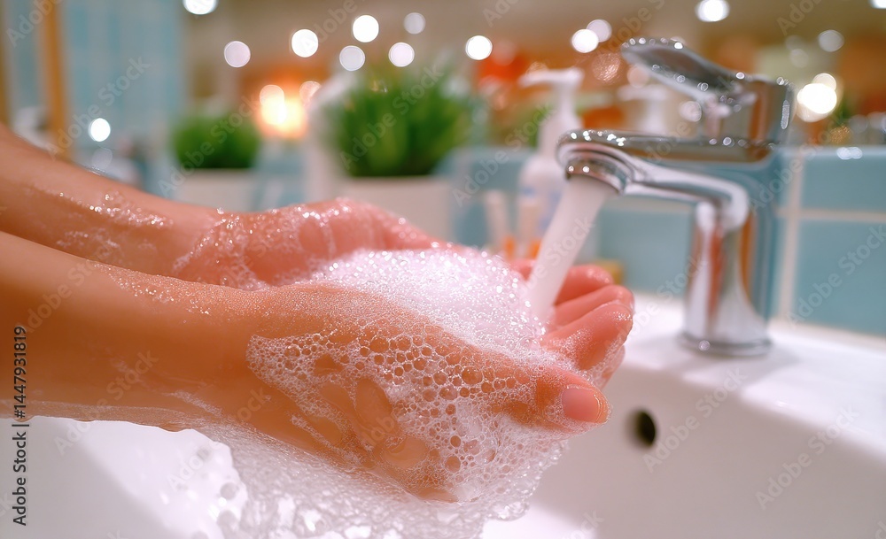 Fototapeta premium Hands are being washed with soap under running water at a bathroom sink, creating lots of bubbles.