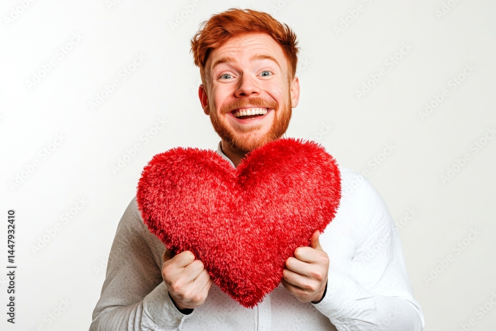 Isolated white adult man on pure white background with fluffy heart in hands. Professional studio pic, copy space. Cute Valentine's Day greeting.