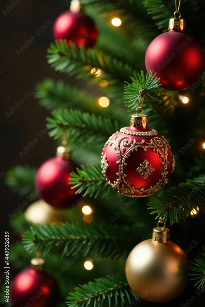 Fototapeta premium Ornate red and gold ornaments on twinkling evergreen branches, christmas ornaments, holiday season