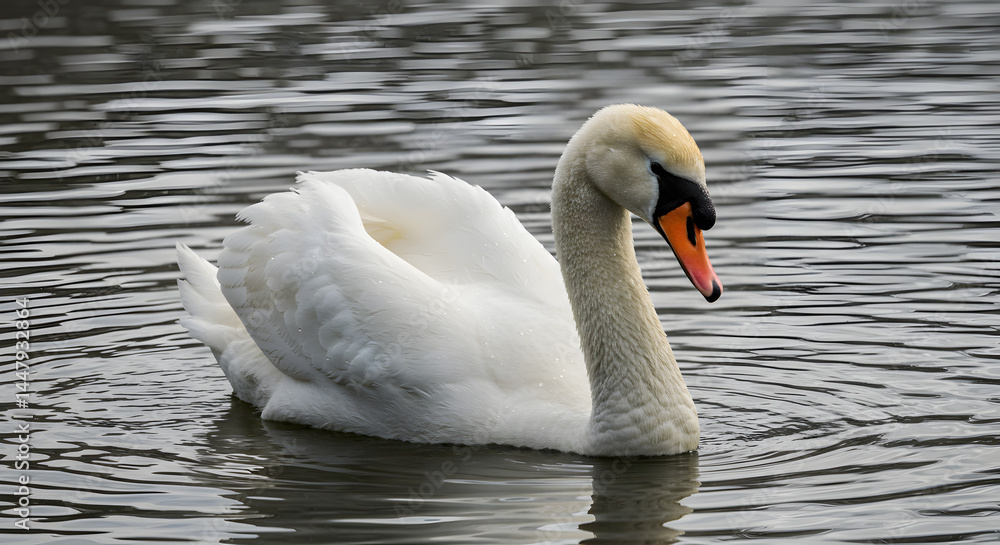Elegant Mute Swan Swimming in Calm Lake Waters with Soft Natural Light Reflecting off Feathers Elegant Mute Swan Swimming in Calm Lake Waters with Soft Natural Light Reflecting off Feathers