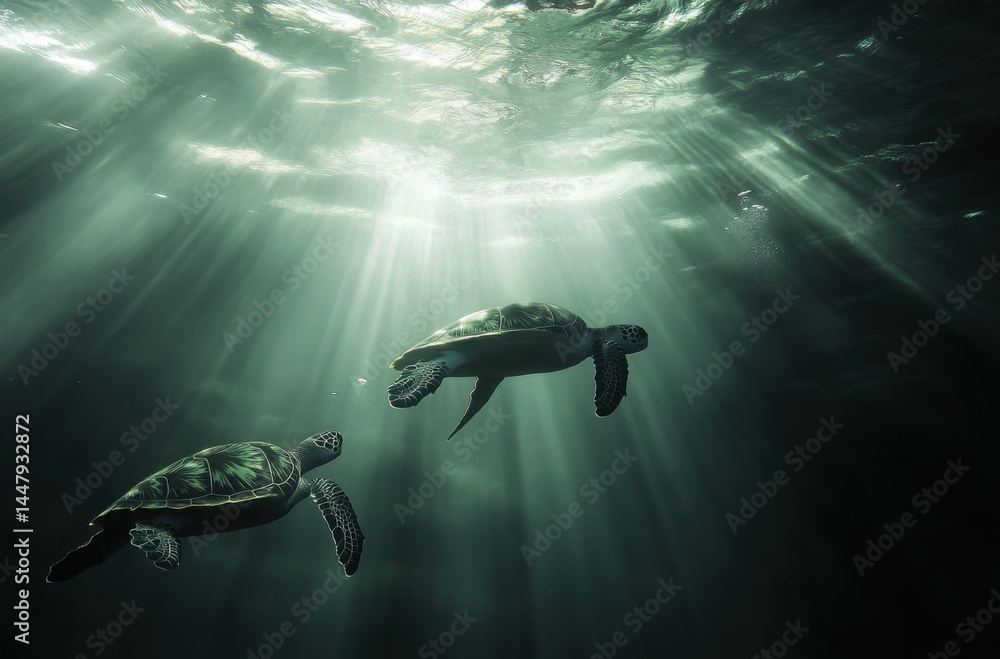 Professional dive photography capturing sea turtles from a low angle Professional dive photography capturing sea turtles from a low angle