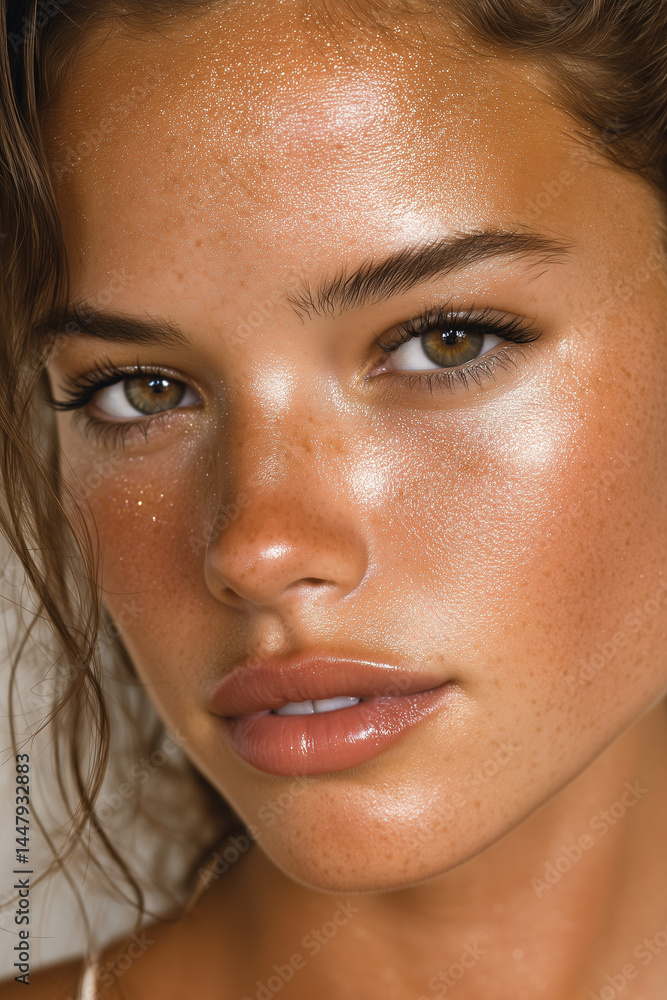 Detailed closeup of a glowing feminine face with minimal glam, reflecting modern beauty ad styling. Detailed closeup of a glowing feminine face with minimal glam, reflecting modern beauty ad styling.