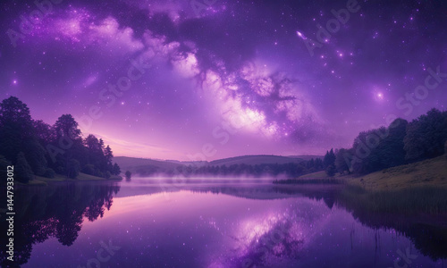 Purple Night Sky Over Calm Lake With Reflections Stars