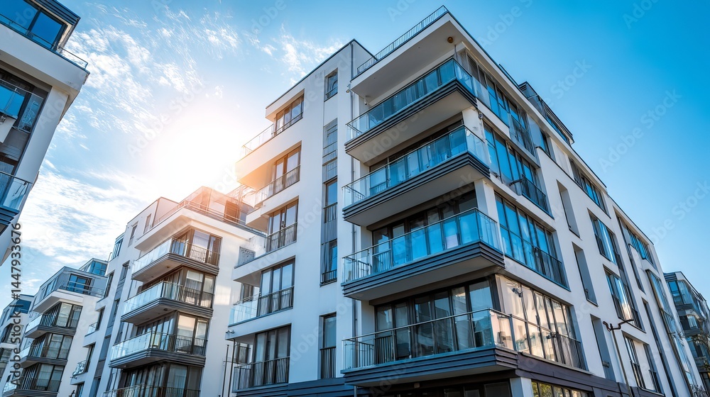 Fototapeta premium Modern Luxury Apartment Building Exterior Daytime Sun Architectural Design Real Estate Property Development Residential Complex New Construction Home Building Contemporary 