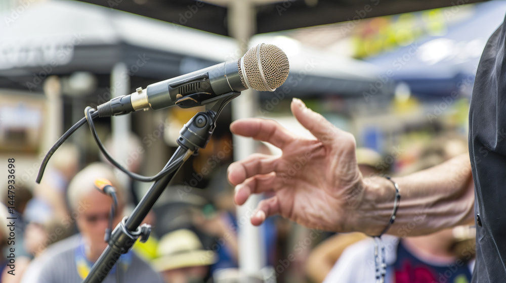 Political candidate delivering passionate speech with confident expression and microphone in foreground, leadership and public speaking concept, election campaign and democracy theme.