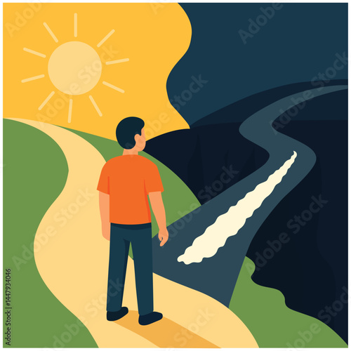 International Day against the Spread of Drugs. Vector illustration of a young man standing in front of a fork of two roads, one leading to the abyss the other to the blossoming nature.