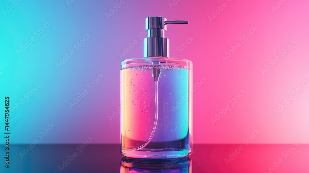 Liquid Soap Dispenser Bottle in Vibrant Neon Pink and Blue Gradient Background Liquid Soap Dispenser Bottle in Vibrant Neon Pink and Blue Gradient Background