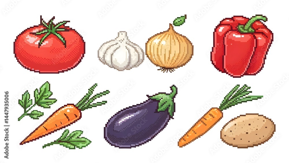 Pixel art style vegetables isolated on white background for menu design Pixel art style vegetables isolated on white background for menu design