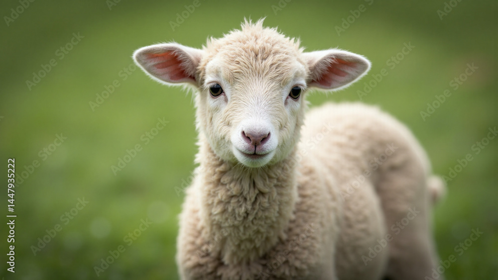 Cute young lamb looking at camera in green field Cute young lamb looking at camera in green field