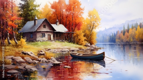 A cozy lakeside cabin surrounded by vibrant autumn trees with a wooden boat resting on calm water, reflecting the serene scenery.