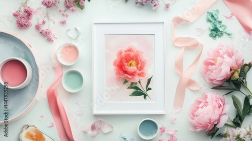 Fototapeta Naklejka Na Ścianę i Meble -  A flat lay of framed peonies with pastel accessories and ribbons