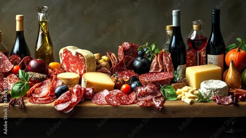 Gourmet selection of fine wines and charcuterie on rustic table display Gourmet selection of fine wines and charcuterie on rustic table display