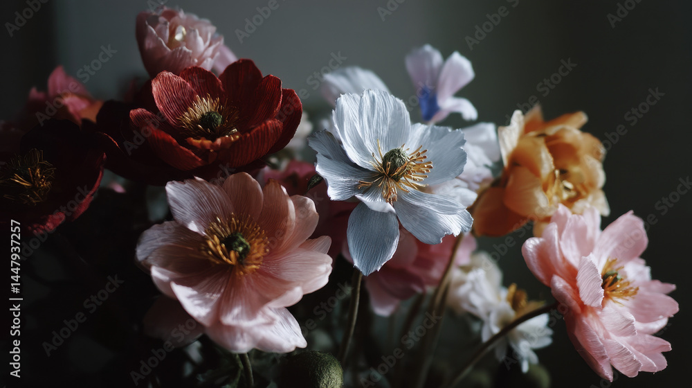 A beautiful display of colorful peony flowers with soft lighting showcases a variety of pastel hues and striking blooms in a captivating floral arrangement today. A beautiful display of colorful peony flowers with soft lighting showcases a variety of pastel hues and striking blooms in a captivating floral arrangement today.
