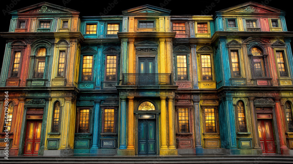 Fototapeta premium Holographic graffiti transforms classical stone building with bright colors in urban setting