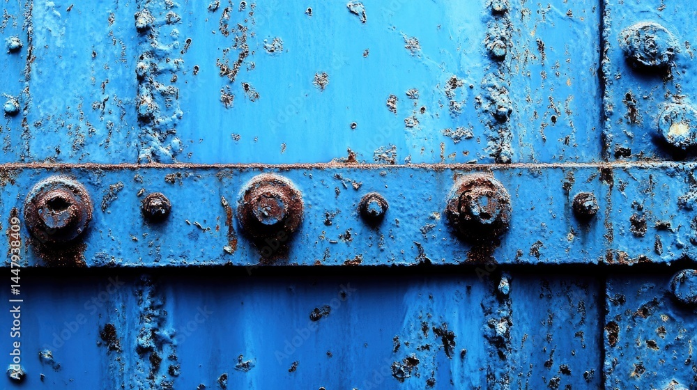 Naklejka premium Oxidized blue metal surface with bolted fastenings.
