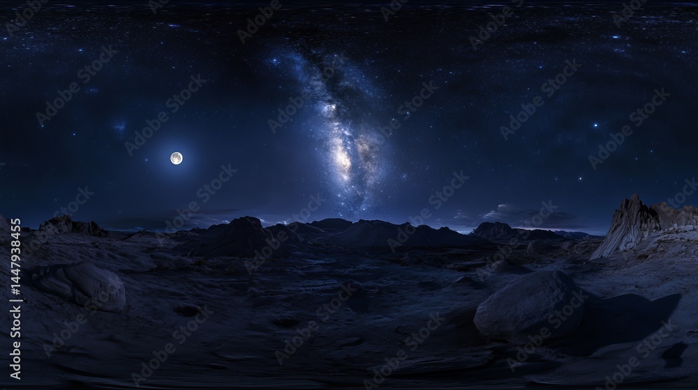 Naklejka premium Stunning Night Sky Landscape Full Moon Milky Way Galaxy Stars Desert Rocks Nighttime Serenity Celestial Panorama Dark Blue Night Sky Dramatic Mountain Range Starry Night 