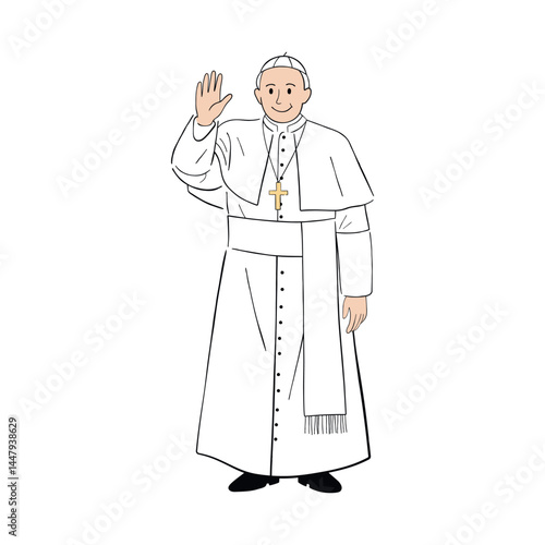 Cartoon vector illustration of a pope in traditional white robes and mitre, smiling and waving. Religious figure with a cross necklace on a white background. Symbol of Catholic Church.