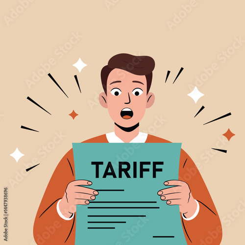 Man holding a tariff document. Concept of unexpected fees, price hikes, financial shock, and economic issues. American tariffs and US government import taxation, trade war policy. Vector illustration.