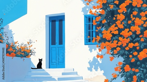 A black cat sits on the steps of a blue-doored house