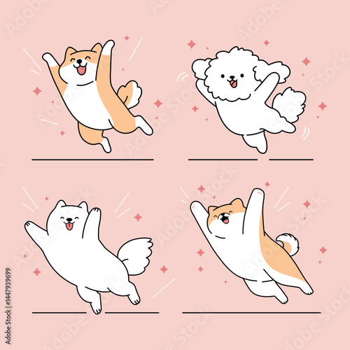 Cute cartoon dogs jumping with joy illustrations set. Different fluffy breeds in playful poses. Perfect for pet-themed content and cheerful designs. Vector isolated on a pink background.