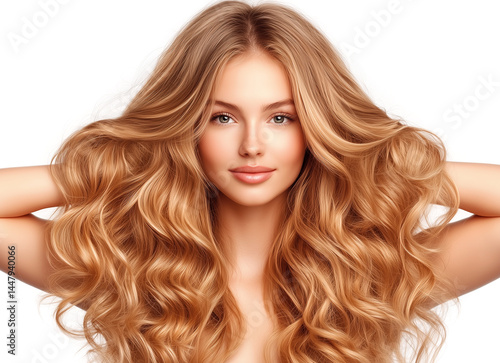 A blonde woman with voluminous curly hair poses against a white background, showcasing healthy, shiny, and perfectly styled hair in a glamour portrait. Concept for beauty, spa, or hairdressing salon.