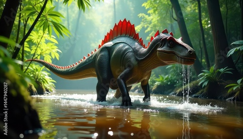 Dinosaur Walking Through Water in Forest
