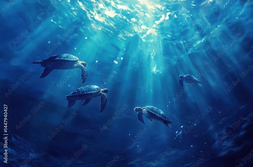 Fototapeta premium Realistic underwater scene featuring sea turtles captured mid-motion from below