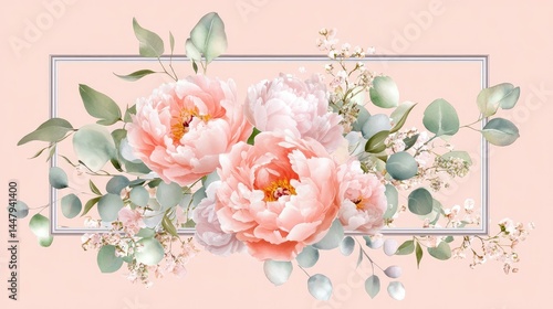 Silver vintage frame with blush peonies and eucalyptus on pastel peach