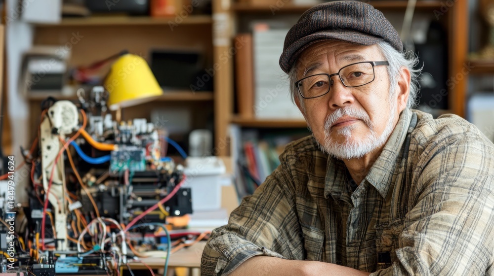 Focused senior asian man in workshop Focused senior asian man in workshop