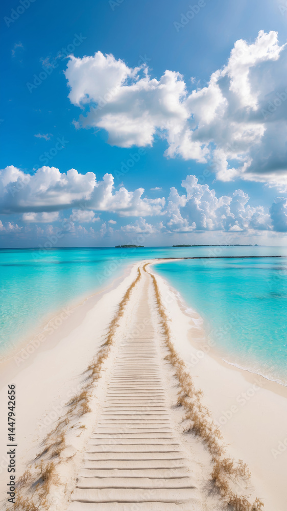Fototapeta premium A wooden pathway stretches across a sandbar, leading into the clear turquoise waters, under a vibrant sky.