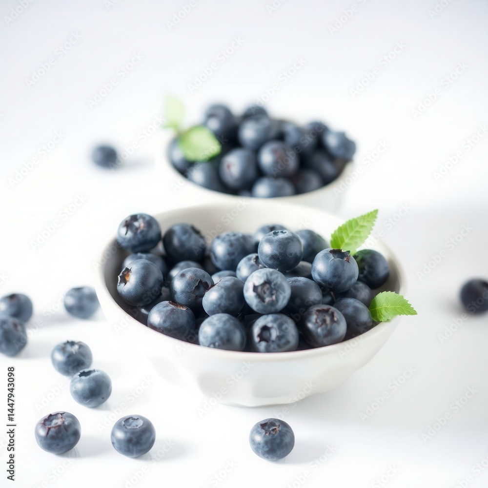Bowls of fresh blueberries against a white backdrop. Healthy snack. Bowls of fresh blueberries against a white backdrop. Healthy snack.