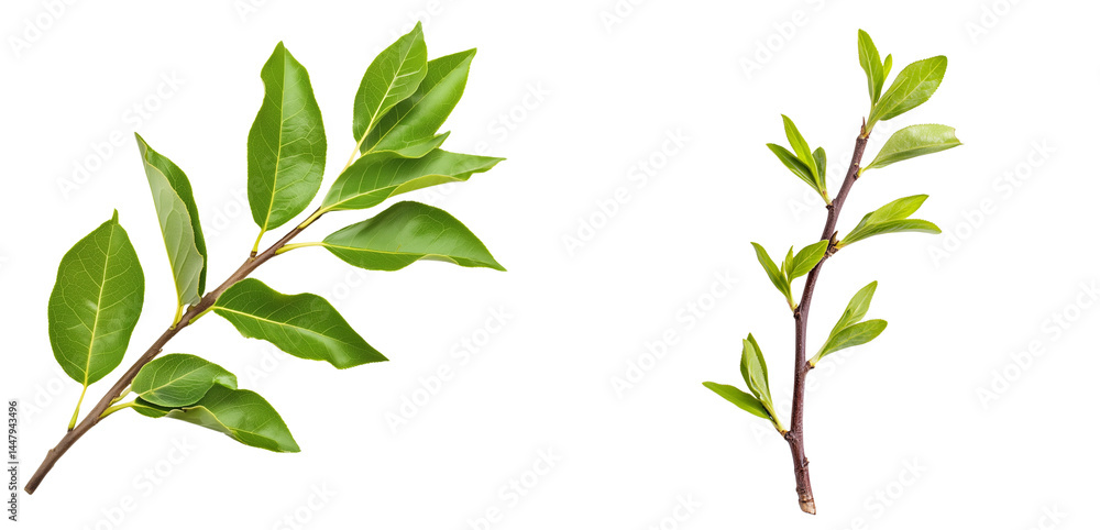 Set of A single young forsythia twig with vibrant green leaves transparent png background. Ai generated
