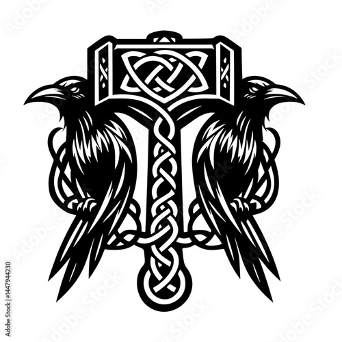 Thor's hammer with two ravens, intricately designed with Celtic patterns and detailed feathers, Norse mythology, strength, protection, and wisdom, Viking culture, mystical art, historical.
