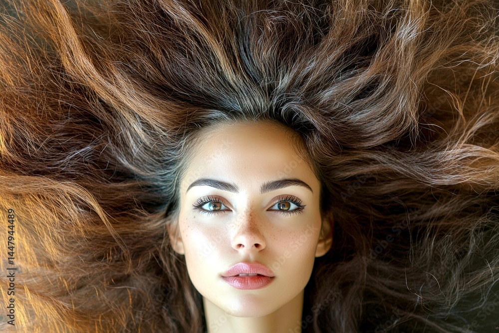 Commercial marketing idea. Long haircut - afro hair. Attractive calm mixed-race girl - for ads, flyer and social online marketing ad use. African beauty hair advertising. Black girl glamour.