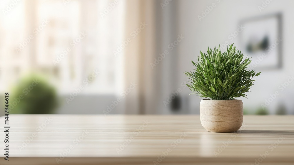 Fototapeta premium Minimalist workspace featuring potted plant on wooden table