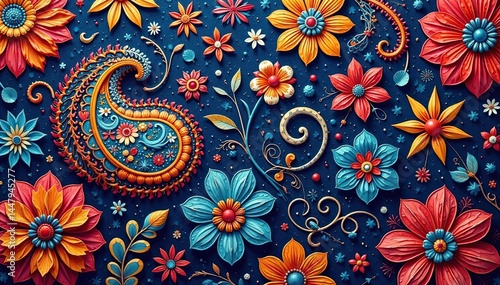 Intricate paisley floral pattern in vibrant hues, light, bold
