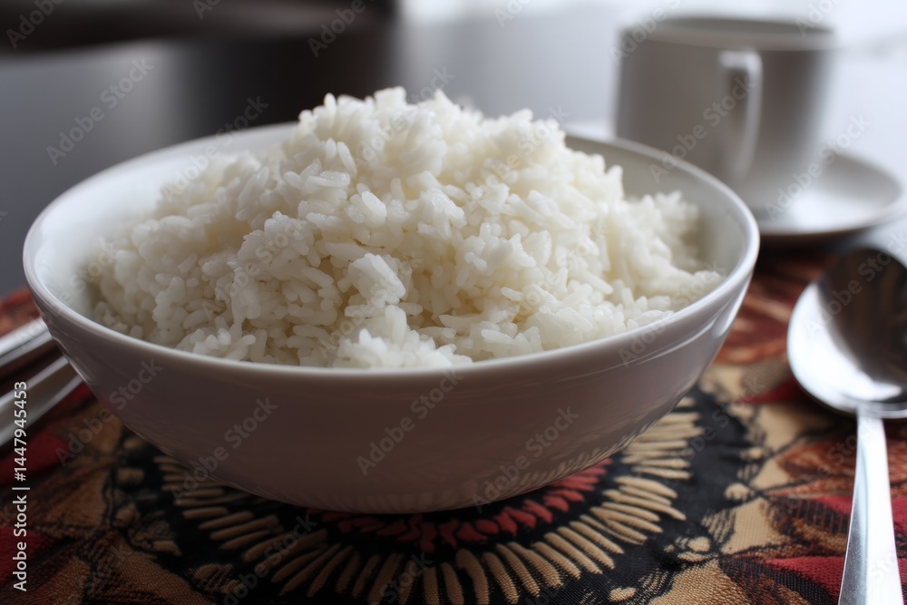 A full bowl of freshly cooked white rice, prepared and ready for a satisfying meal. A full bowl of freshly cooked white rice, prepared and ready for a satisfying meal.