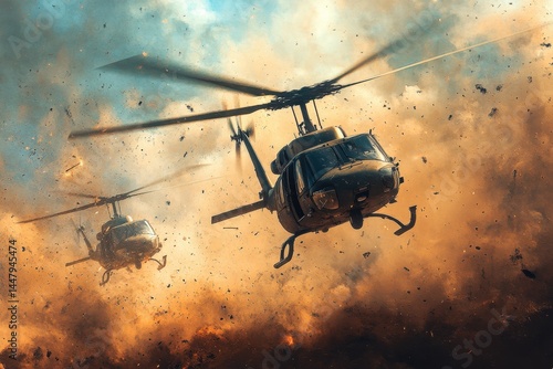 Military helicopters engage in a dynamic rescue operation amid billowing smoke and debris during a fiery conflict in a warzone landscape