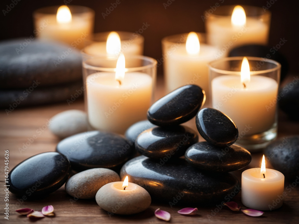 Candles and spa stones arrangement on a wooden table for relaxation and wellness. Candles and spa stones arrangement on a wooden table for relaxation and wellness.