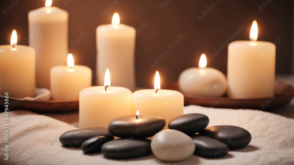 A peaceful spa setting with burning candles and smooth stones creating a serene ambiance. A peaceful spa setting with burning candles and smooth stones creating a serene ambiance.