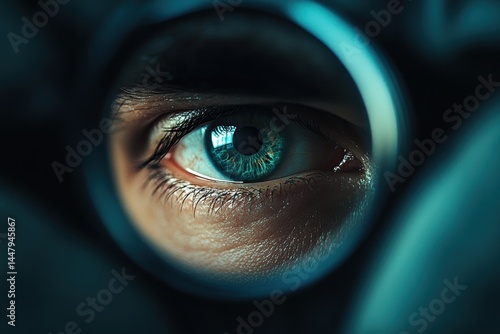Close-up of a blue eye observed through an optical lens, showcasing intricate details and vivid colors while highlighting the reflective surfaces surrounding the pupil