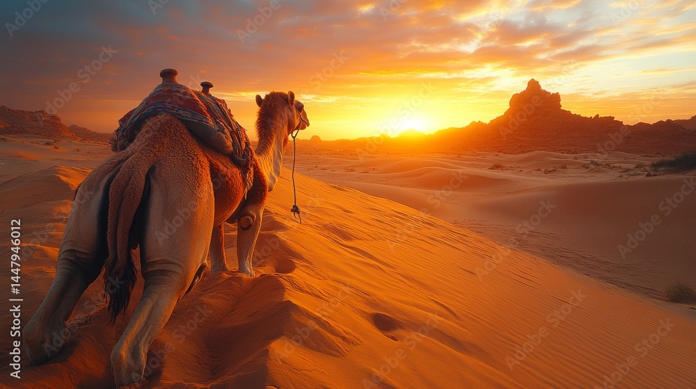 Fototapeta premium Camel trekking across desert dunes at sunset.
