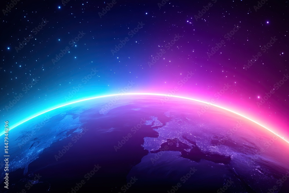Obraz premium A vibrant view of Earth from space with glowing atmosphere and colorful cosmic stars in the background.
