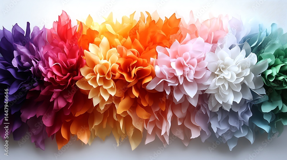 Fototapeta premium Rainbow Dahlias: A vibrant spectrum of handcrafted paper flowers