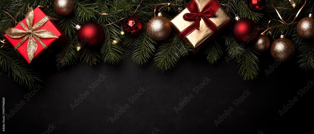 Festive Christmas decorations with gifts, ornaments, and pine branches arranged on a dark background. Festive Christmas decorations with gifts, ornaments, and pine branches arranged on a dark background.