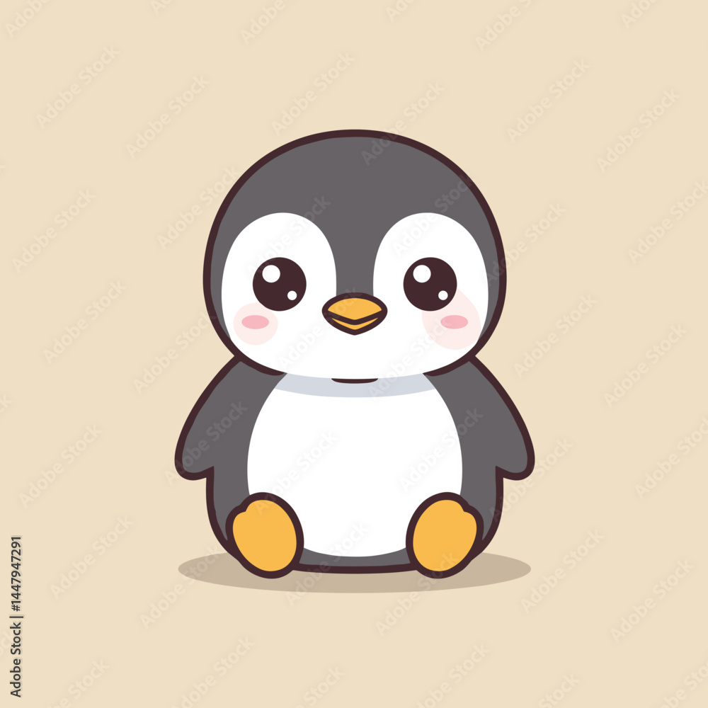 Fototapeta premium Cute cartoon penguin with a joyful expression on a beige background 