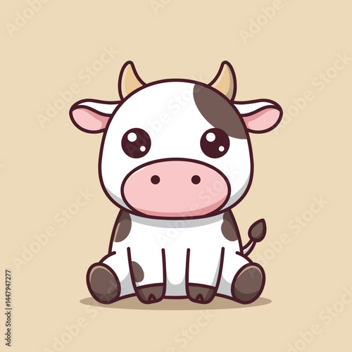 Cute cartoon cow sitting on beige background  