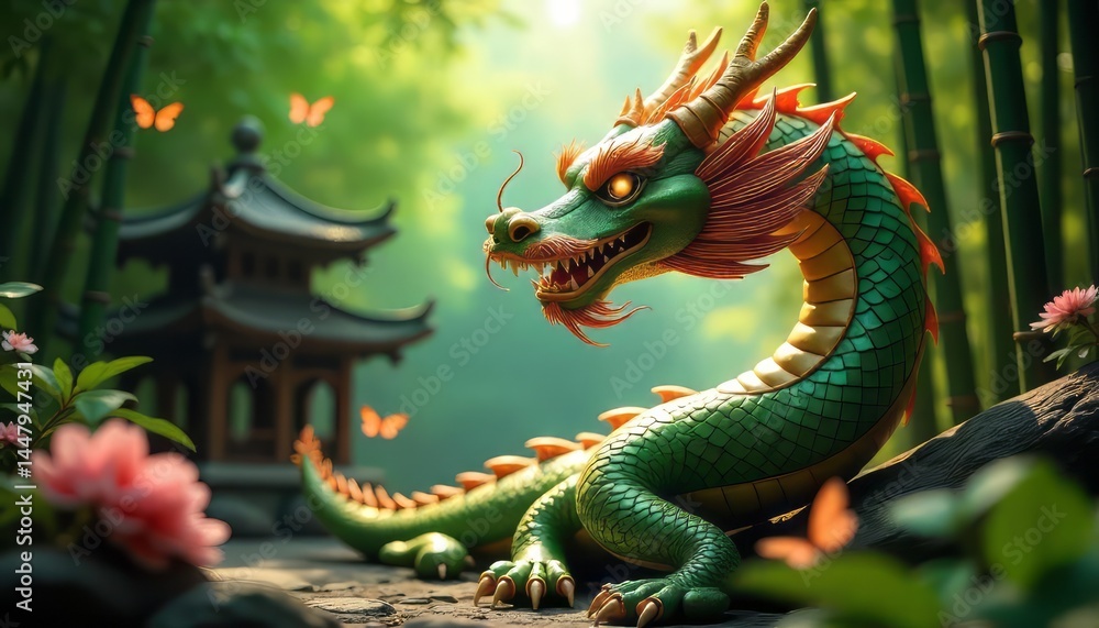 Fototapeta premium Green Dragon in Bamboo Forest